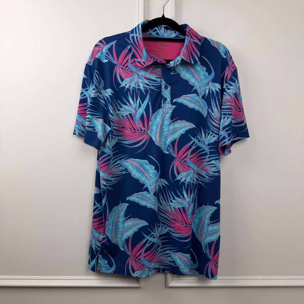 Birdie Bound Mens Tropical Floral Golf Polo Shirt Blue Pink Size Small S